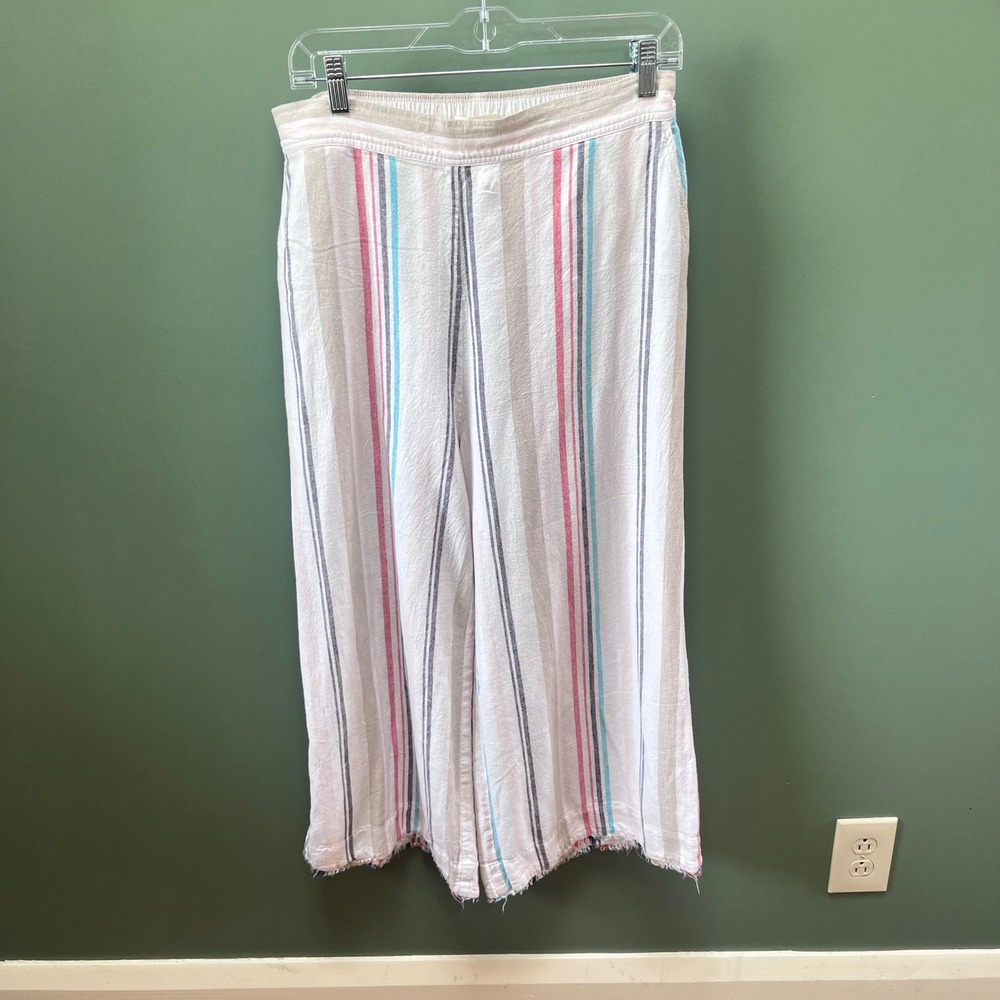 Cloth & Stone Womens Large‎ Linen Blend Wide Leg Striped Pants Raw Hem Boho